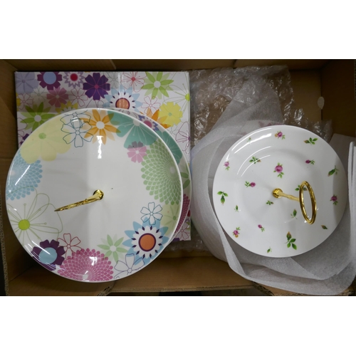 1123 - Three boxes of cake stands and cake plates including Royal Albert, Aynsley, Portmeirion and Wedgwood... 