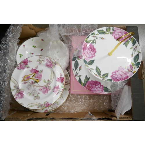 1123 - Three boxes of cake stands and cake plates including Royal Albert, Aynsley, Portmeirion and Wedgwood... 