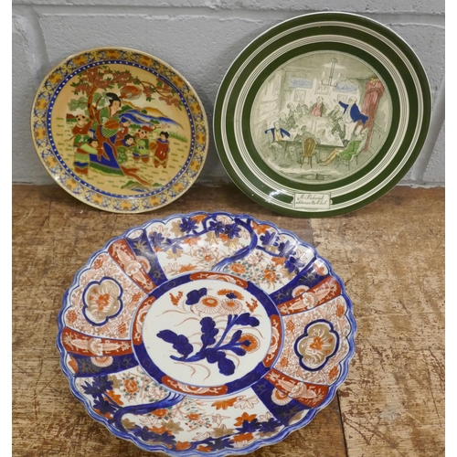 1132 - An Imari dish, one other oriental plate and an Adams Pickwick Papers plate **PLEASE NOTE THIS LOT IS... 