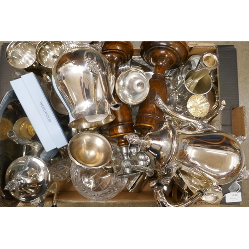 1146 - A collection of plated ware and a pair of oak candlesticks **PLEASE NOTE THIS LOT IS NOT ELIGIBLE FO... 