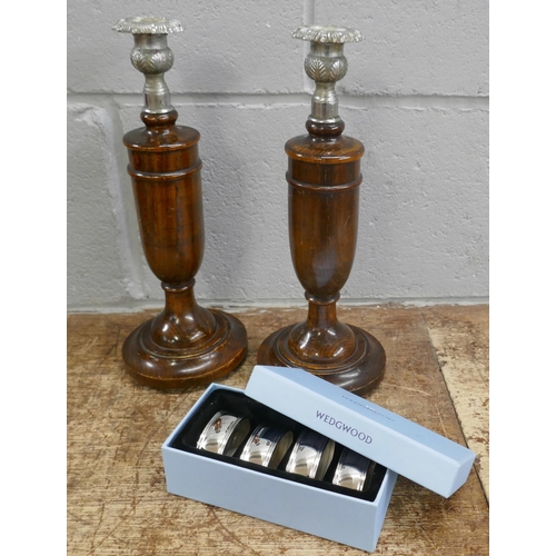 1146 - A collection of plated ware and a pair of oak candlesticks **PLEASE NOTE THIS LOT IS NOT ELIGIBLE FO... 