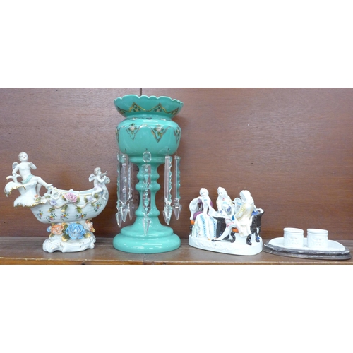 608 - A green glass lustre, a continental figure group, an inkstand and a continental porcelain centrepiec... 