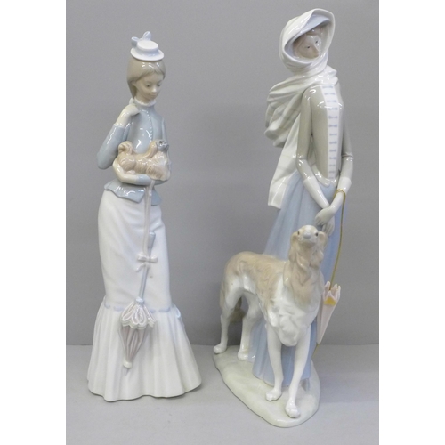 609 - A Lladro figure of a lady with Borzoi, umbrella detached and a lady with a Pekinese