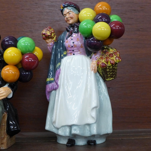 610 - Four Royal Doulton figures; Afternoon Tea, The Balloon Man, Balloon Clown and Biddy Pennyfarthing