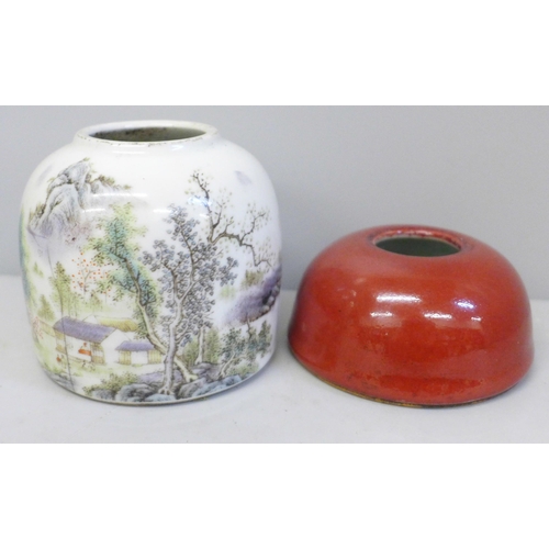 632 - Two Chinese glazed cylinder shaped water pots, hairline crack to larger piece