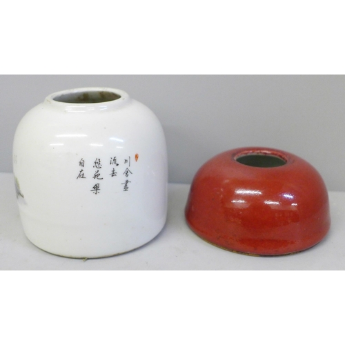 632 - Two Chinese glazed cylinder shaped water pots, hairline crack to larger piece