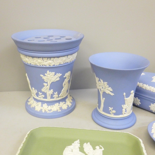 644 - A collection of Wedgwood Jasperware, including posy vase, dishes, cylindrical vase, etc. (8), one a/... 