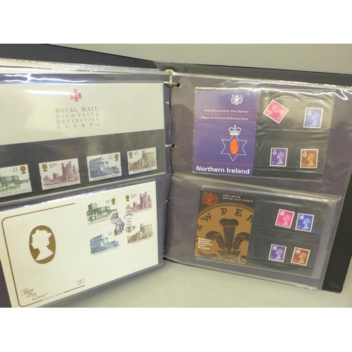 666 - Stamps; GB definitive presentation packs and first day covers in album