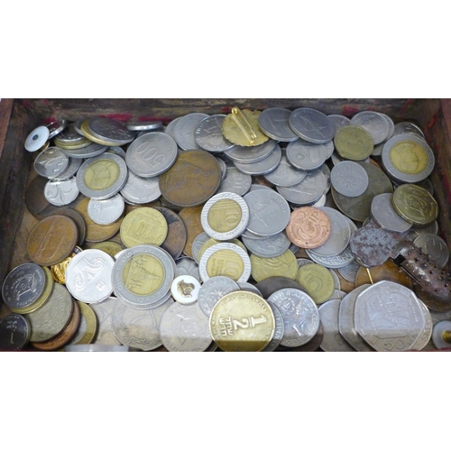 668 - A collection of coins and pins and foreign bank notes in Vosene Shampoo promotional packaging