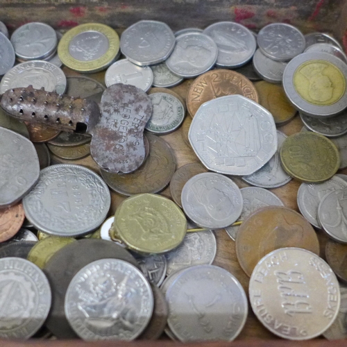 668 - A collection of coins and pins and foreign bank notes in Vosene Shampoo promotional packaging