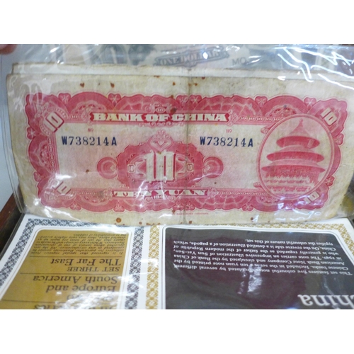 668 - A collection of coins and pins and foreign bank notes in Vosene Shampoo promotional packaging