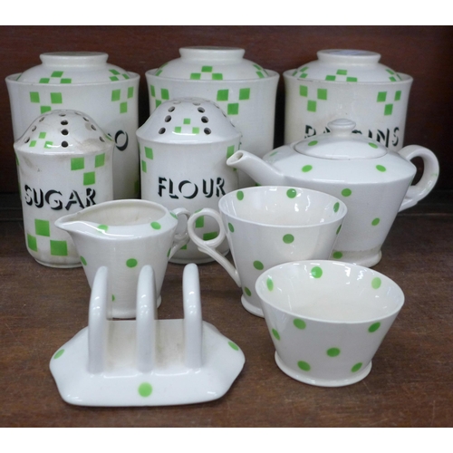 691 - Five 1930s T.G. Green storage jars, Checkers pattern, Raisins, Sago, Coffee, Flour and Sugar and T.G... 