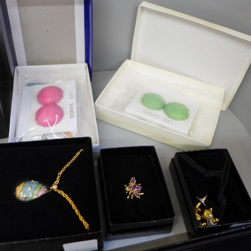 695 - Costume jewellery; five boxed Lee Sands earrings, a Lee Sands boxed necklace, a vintage Butler & Wil... 