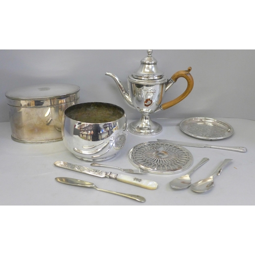 707 - A silver overlaid coaster, a/f, a silver spoon, 24g together with a collection of silver plated item... 