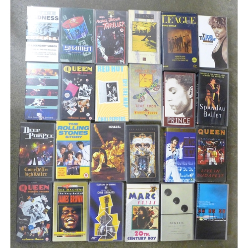 709A - A collection of VHS video tapes including Jimi Hendrix, Spandau Ballet, Queen, Tina Turner, Genesis,... 