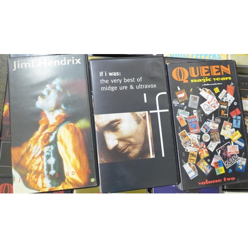 709A - A collection of VHS video tapes including Jimi Hendrix, Spandau Ballet, Queen, Tina Turner, Genesis,... 