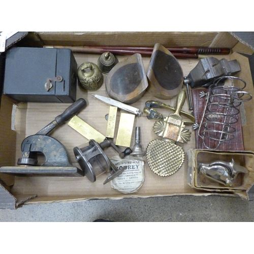 716 - A small vice, brass bells, pencil sharpener, plated toast rack, desk stamp, etc.