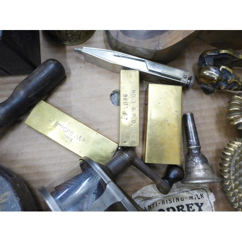 716 - A small vice, brass bells, pencil sharpener, plated toast rack, desk stamp, etc.
