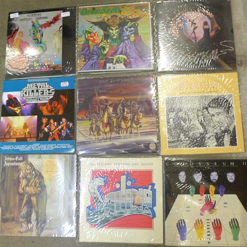 738 - Nine LP records, Mountain, The Green Slade, Styx, Metal Killers, Baker Guvitz Harvey, Stretch, Jethr... 