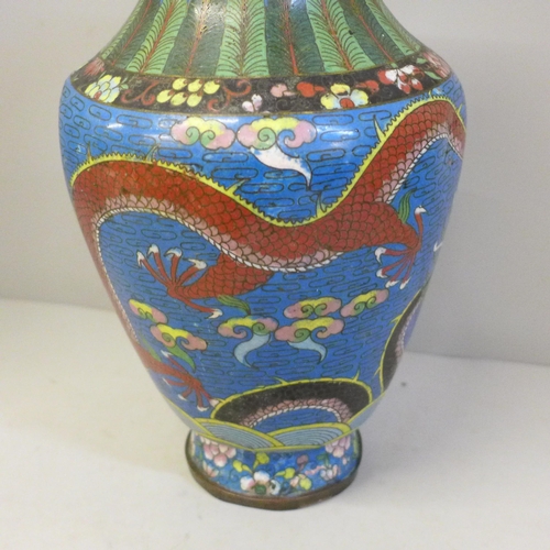 748 - A Chinese blue cloisonne dragon pattern vase, 31.5cm, a/f