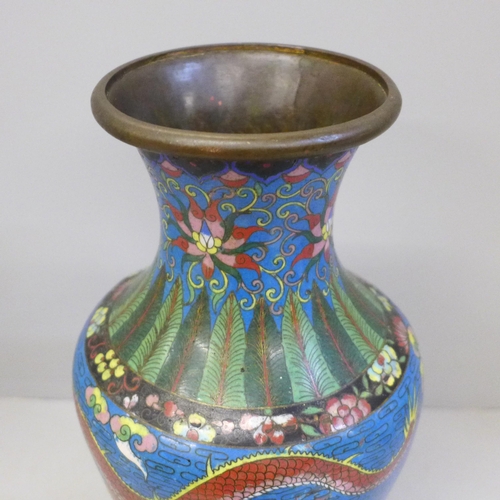 748 - A Chinese blue cloisonne dragon pattern vase, 31.5cm, a/f