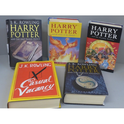 760 - Five hardback first edition novels by J.K. Rowling; Harry Potter and The Order of The Phoenix (child... 