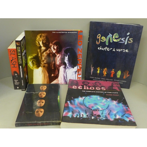 770 - A collection of books on music artists including Guns n Roses, Genesis, Led Zeppelin and a Pink Floy... 