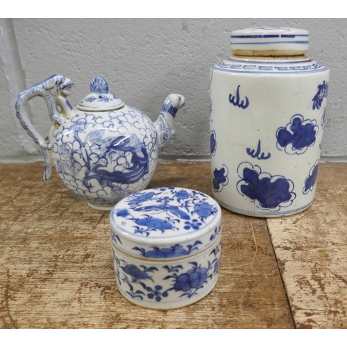 796 - Three items of Chinese blue and white pottery; cylindrical tea caddy, a/f, tea pot and small lidded ... 