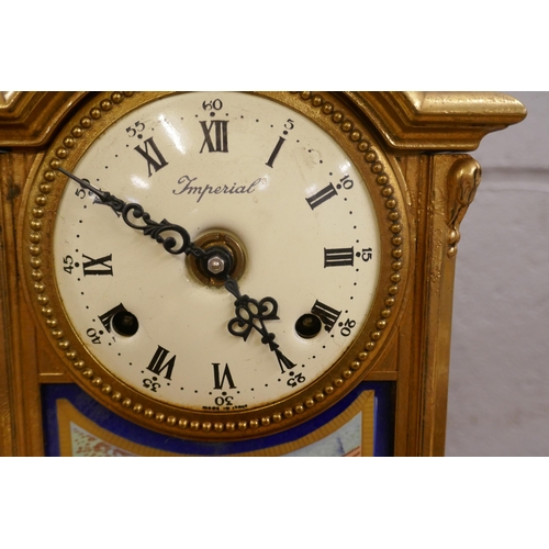 799 - A French Sèvres style three piece gilt bronze and porcelain clock garniture, with decorative ceramic... 