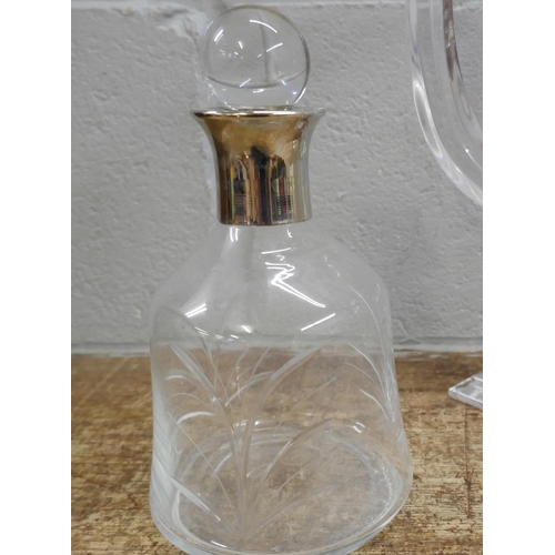 810 - A glass soda syphon, Wadworth & Co, Devizes, crystal decanter and candlestick