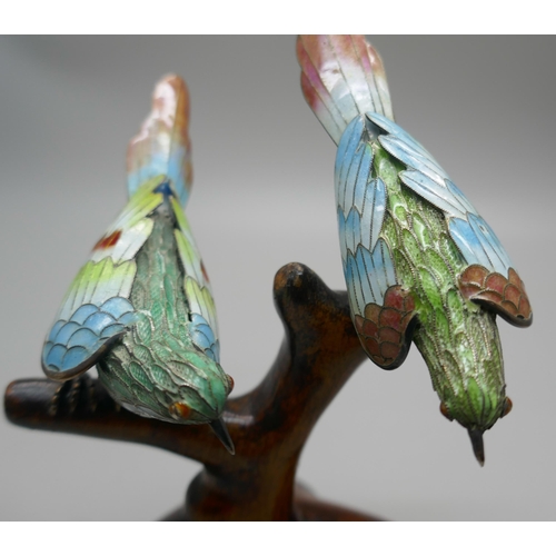 825 - Two silver and enamel birds on stand, 13cm