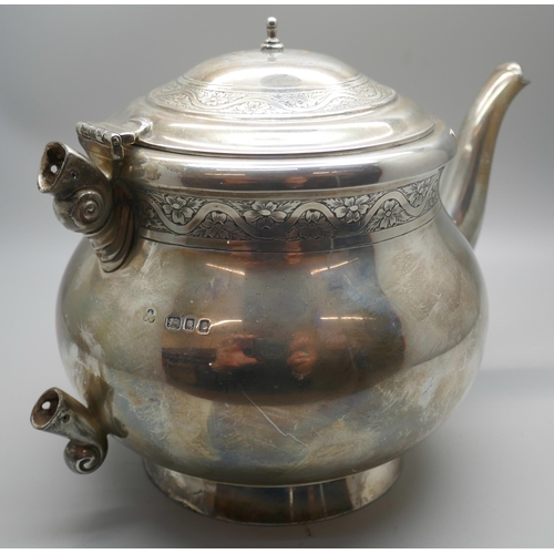 834 - A silver teapot, lacking handle, 619g