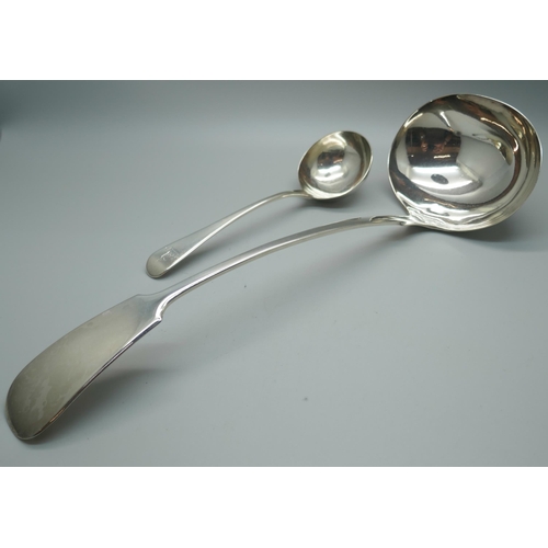 852 - A George III silver ladle, London 1796, 48g, and a larger plated ladle