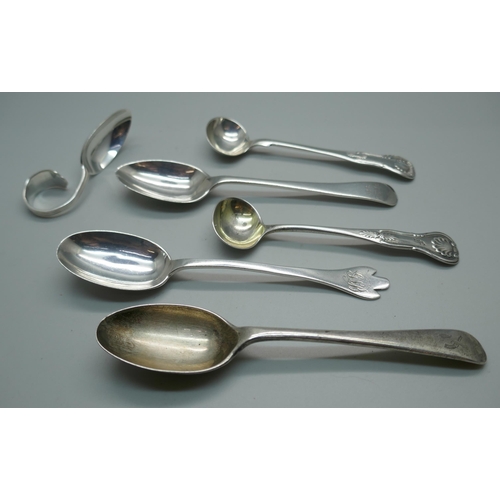 862 - Two Victorian Scottish silver mustard spoons and four other silver spoons, 101g