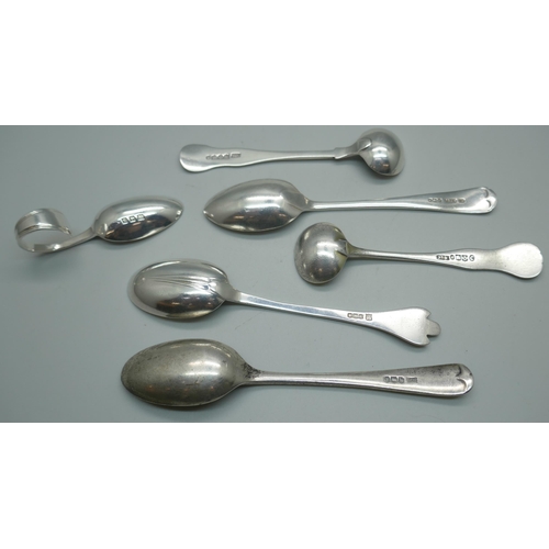 862 - Two Victorian Scottish silver mustard spoons and four other silver spoons, 101g