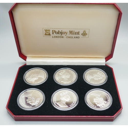 874 - A cased set of six Pobjoy Mint 1993 100 Years of Peter Rabbit commemorative crowns