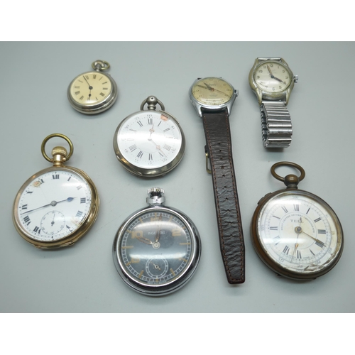 876 - Four pocket watches, a fob watch and two wristwatches