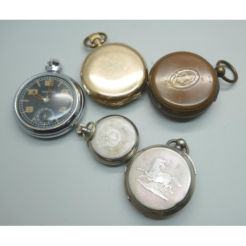 876 - Four pocket watches, a fob watch and two wristwatches