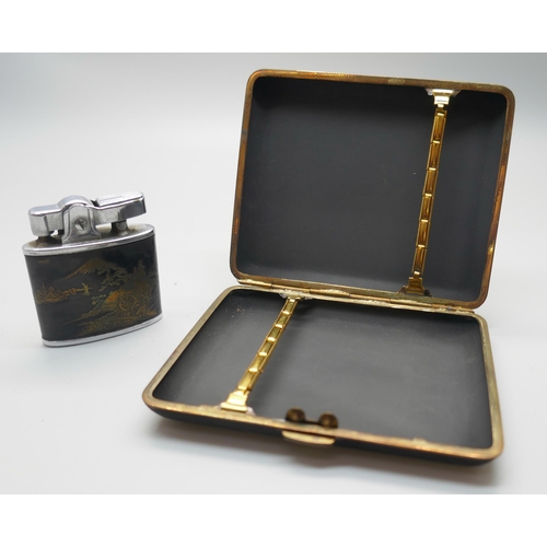 879 - A Japanese Damascene cigarette case and lighter set