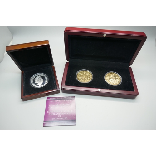 881 - A cased pair of hallmarked silver gilt King Edward commemorative coins and a limited edition 2013 si... 