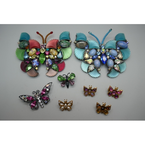 891 - Two Butler & Wilson butterfly brooches, one with blue stones, diamanté and shell detail, a/f, one wi... 