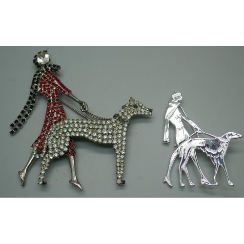 897 - A large Butler & Wilson articulated brooch of a lady walking a dog with red, white and black rhinest... 