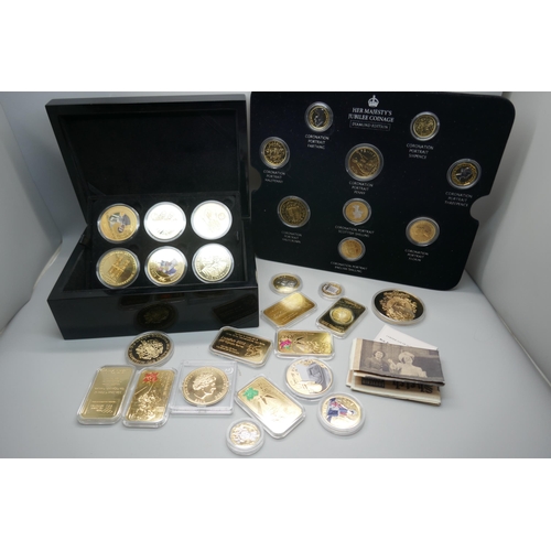 904 - Seven gold plated 2012 Olympics 24ct gold plated ingots, other gold tone commemoratives and Her Maje... 