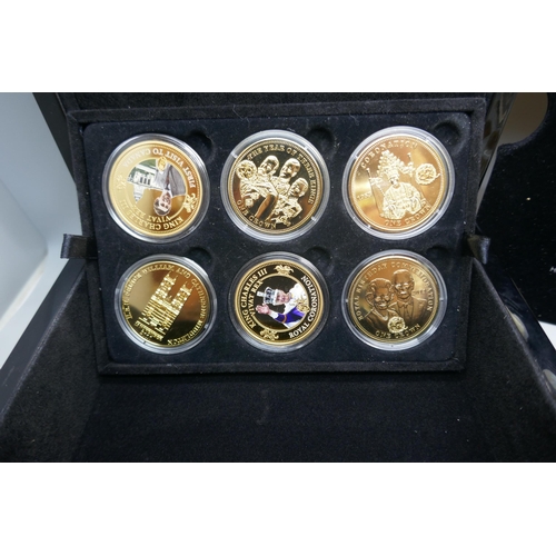 904 - Seven gold plated 2012 Olympics 24ct gold plated ingots, other gold tone commemoratives and Her Maje... 