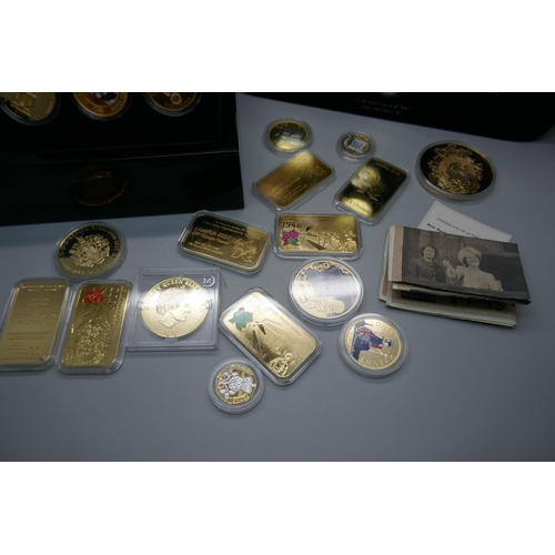 904 - Seven gold plated 2012 Olympics 24ct gold plated ingots, other gold tone commemoratives and Her Maje... 