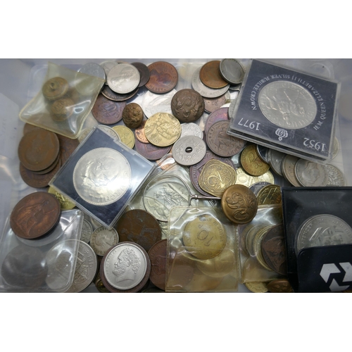 909 - A collection of coins, 58g of half silver, a US 1818 one cent, a cartwheel penny and other British a... 