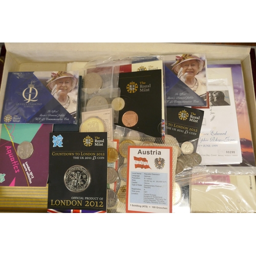 912 - A coin album with commemorative crowns, pre-decimal, first day coin and stamp packs, 1999/2012 proof... 