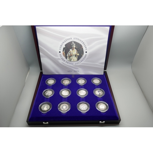 914 - A Royal Mint Coronation Anniversary 50p Silver Proof Collection 1953-2003, complete, twelve coins, c... 