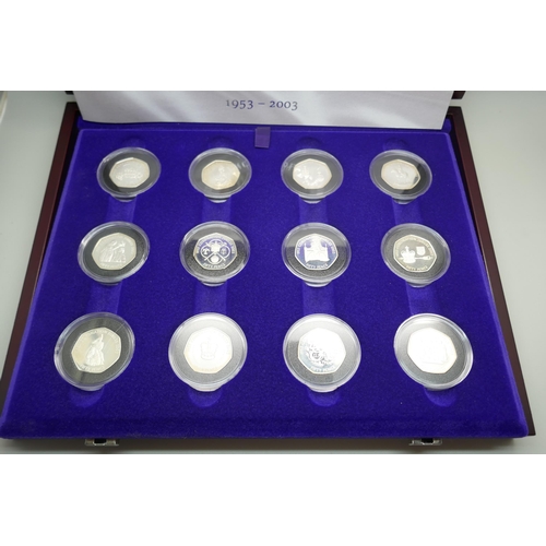 914 - A Royal Mint Coronation Anniversary 50p Silver Proof Collection 1953-2003, complete, twelve coins, c... 