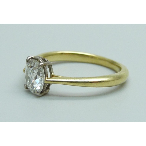 919 - A yellow metal and oval cut diamond solitaire ring, 2.4g, size J, diamond approximately 5mm x 6mm, t... 